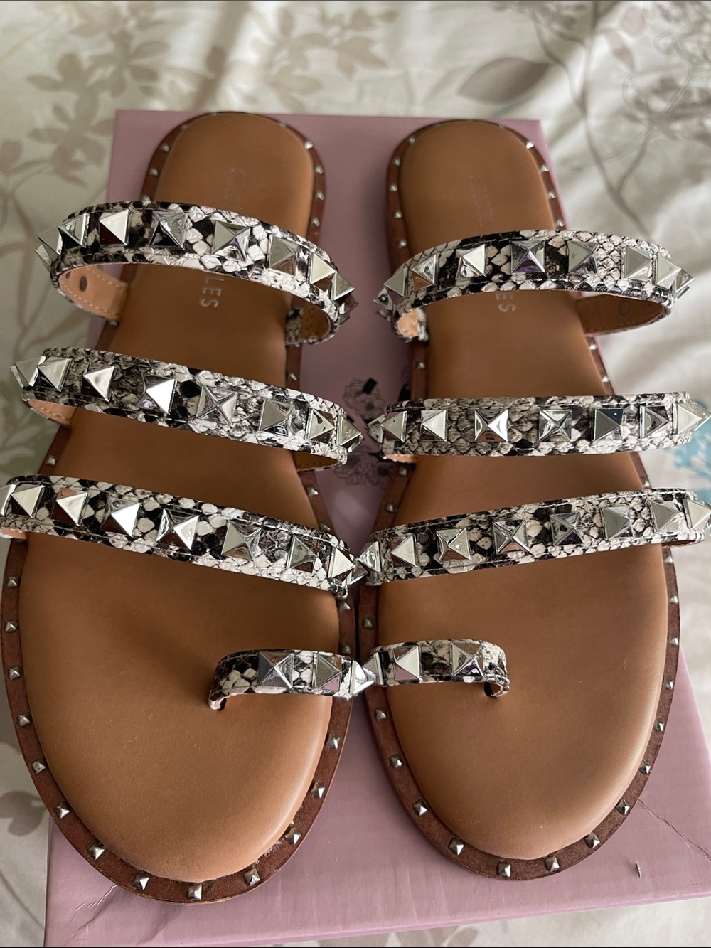 Sincerly Jules Brown Tan Footbed Snake-Print Slide Sandals with Silver Studs